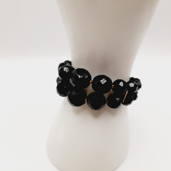 Vintage 1950s Jet Black Glass Memory Wire Bracelet – Faceted Beads Double Row - Picture 1 of 8